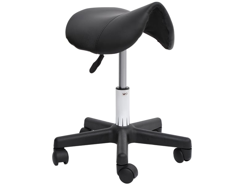  Tabouret pivotant 35x38x43-55 cm, hauteur réglable, avec roulettes, assise en forme de selle, similicuir couleur noir  - Conforama A