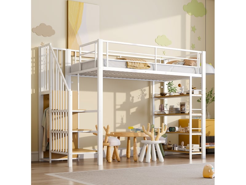  Lit mezzanine 90x200 cm avec escalier sécurisé, rangements et penderie, blanc  - Conforama D
