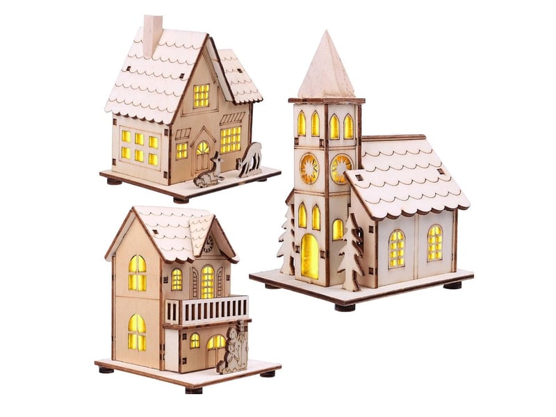  Maison village de noel miniature avec des lumières décoration de table de vacances de noël 3pcs  - Conforama A