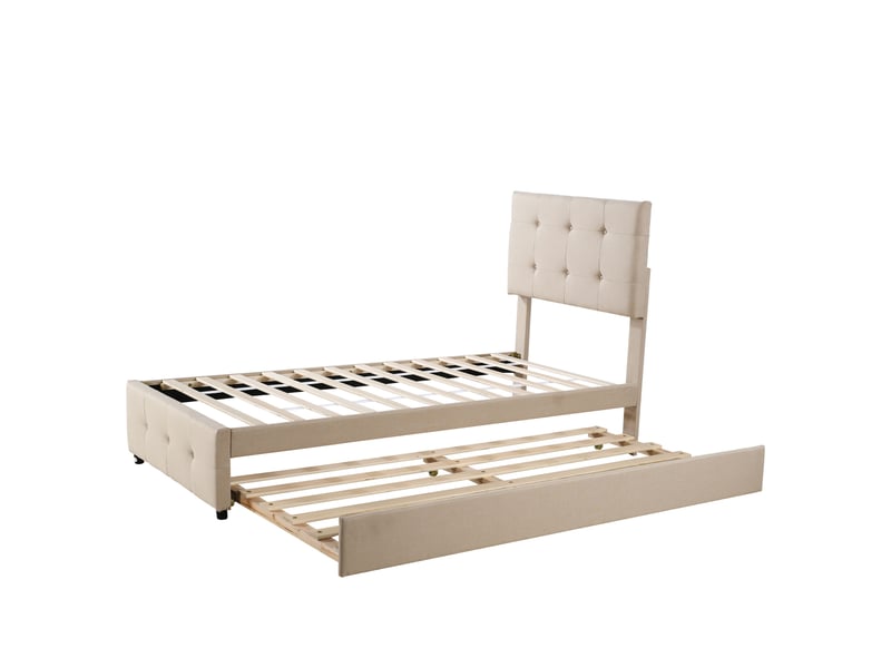  Lit enfant rembourré 90 x 200 cm avec couchage gigogne - tête réglable, tissu lin beige  - Conforama A