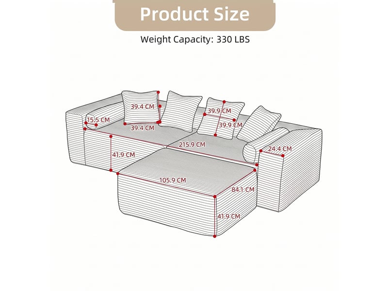 Canapé modulable d'angle 3 places compressé 266x110x60 cm, pour le salon, en mousse douce et en velours côtelé, beige - Conforama C