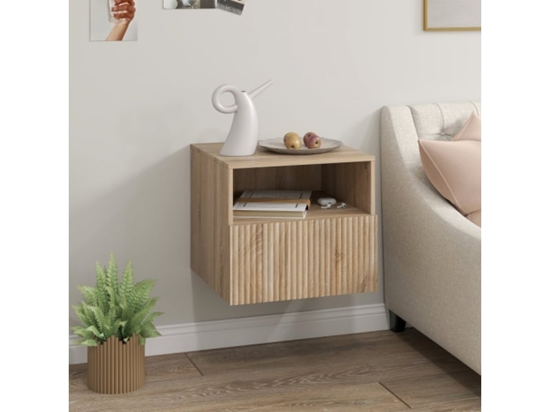 Table de nuit murale avec tiroir et compartiment ouvert, design sans poignée, marron clair  - Conforama R