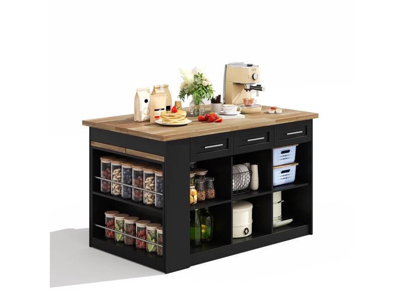  Îlot de cuisine fixe avec table à manger coulissante, 6 tiroirs, 3 portes et rangements noir 150 × 90 × 90 cm  - Conforama A