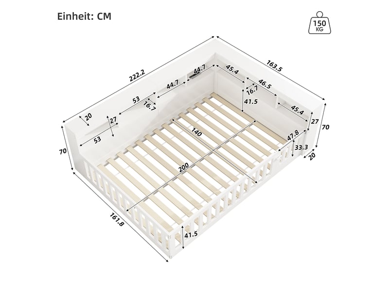  Lit enfant 140x200 cm, canapé-lit,  rangement, prise et usb, sommier, aggloméré, blanc, sans matelas  - Conforama C
