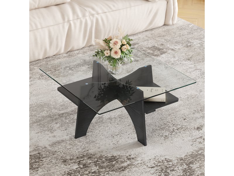 Table basse fixe avec plateau en verre et étagère de rangement pour salon 80×80×40 cm en mdf noir - Conforama C