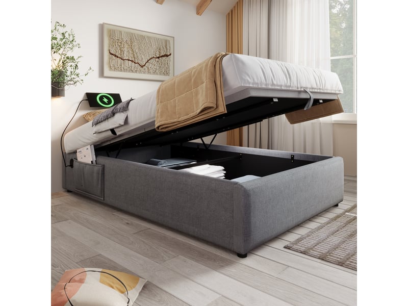  Sommier coffre 90x200 cm avec usb-c et poches latérales, lin, gris, sans matelas  - Conforama B