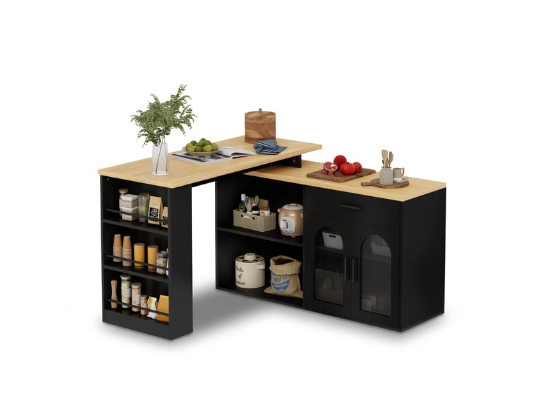  Îlot de cuisine fixe avec plateau pivotant à 360°, buffet de rangement avec tiroir et étagères, table de bar en mdf, noir et naturel  - Conforama A