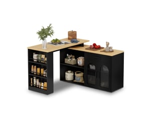 Îlot de cuisine fixe avec plateau pivotant à 360°, buffet de rangement avec tiroir et étagères, table de bar en mdf, noir et naturel