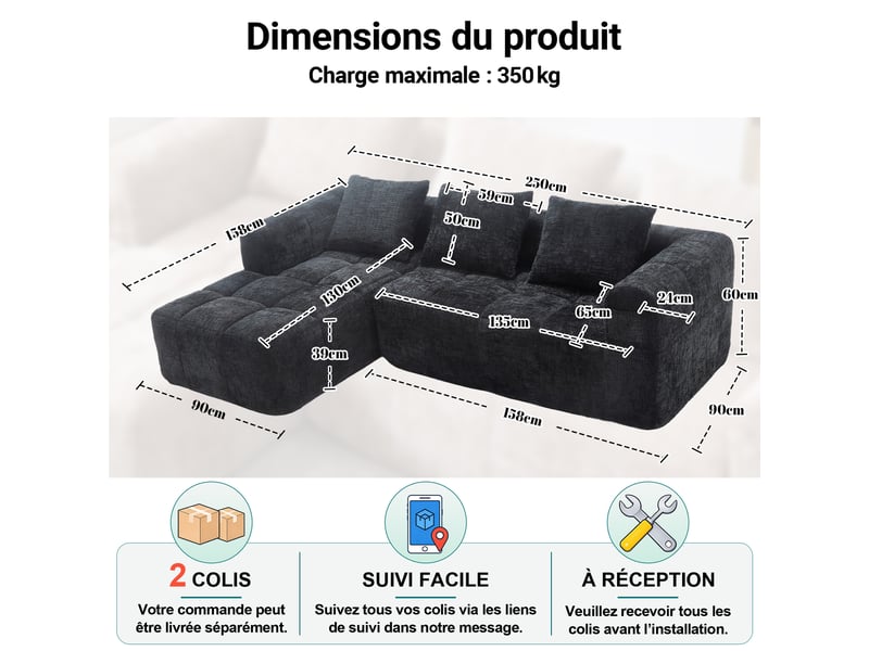  Canapé d'angle modulable 3 places avec méridienne, poches latérales et 3 coussins en chenille noir, 250 × 158 × 60 cm  - Conforama D