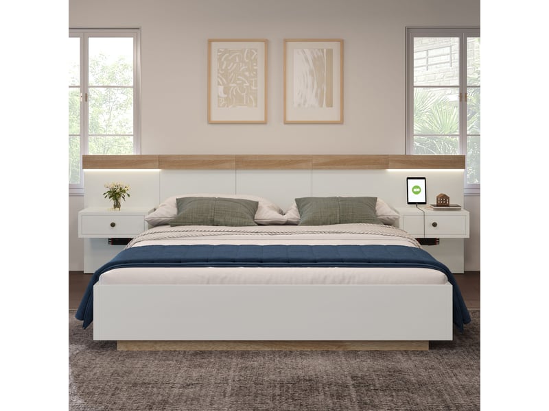  Ensemble lit double 180x200 cm chêne sonoma blanc 2 chevets led ports usb sans matelas  - Conforama D