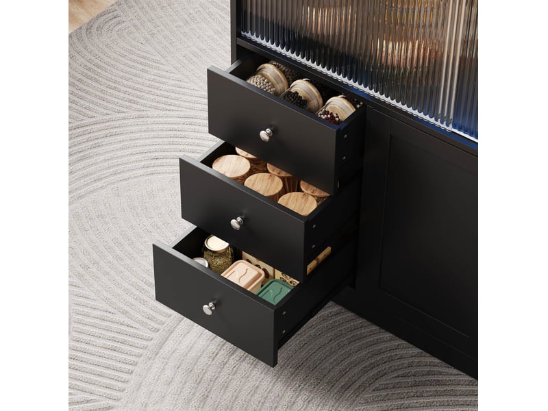  Desserte de cuisine extensible avec rangement, 3 tiroirs, porte coulissante en verre, led, pour cuisine, noir  - Conforama E