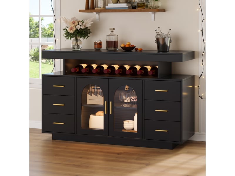  Buffet bar à vin,140x40x82 cm,led, 6 tiroirs et 2 portes vitrées,mdf,noir  - Conforama B
