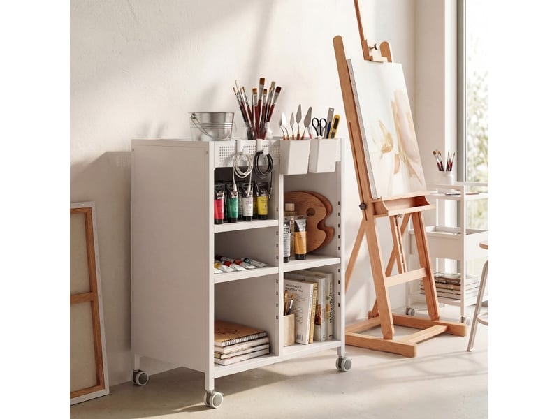 Bibliothèque tcqpz sur roulettes 4 niveaux 53 x 34 x 69,5 cm étagères réglables paniers suspendus métal blanc - Conforama D