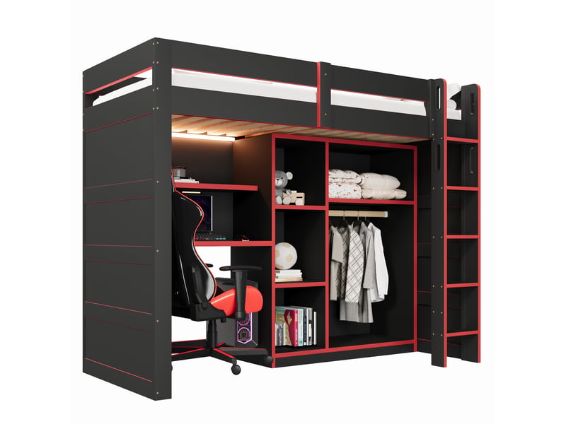 Lit mezzanine 90x200 cm avec éclairage led et ports usb et usb-c en bois, mdf, noir CARDUME ESTIVAL - Conforama A