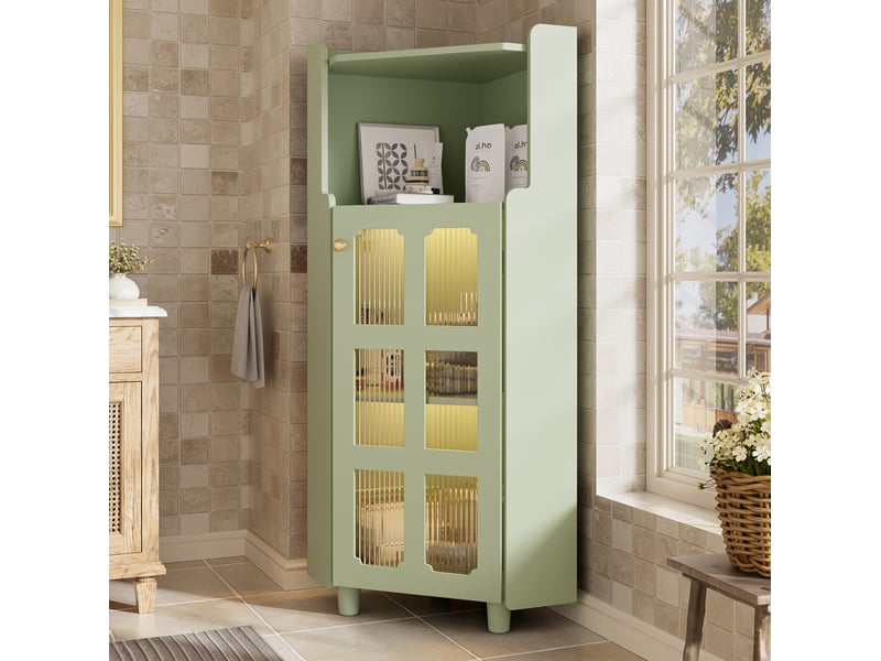  Armoire d'angle 63,5x45x124 cm, gain de place, éclairage led, pour salon, bibliothèque, salle de bains, mdf vert  - Conforama B