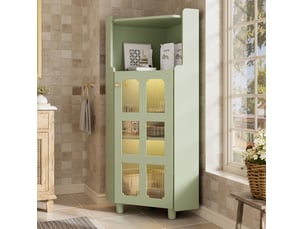 Armoire d'angle 63,5x45x124 cm, gain de place, éclairage led, pour salon, bibliothèque, salle de bains, mdf vert