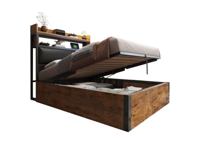  Lit 90x200 cm avec vérin hydraulique et usb – tête rembourrée, bois rétro et métal, rangement caché noir  - Conforama E