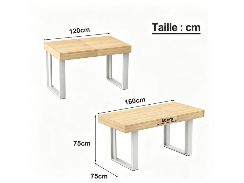  Table à manger extensible 8 places, plateau coulissant - lpospi - style rétro, panneau de particules naturel et blanc, 120–160 cm  - Conforama E