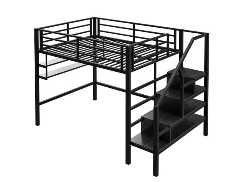  Lit mezzanine 140x200 cm, avec échelle de rangement et étagères, en métal, noir, sans matelas  - Conforama E