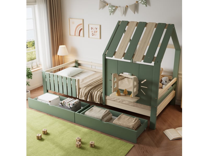  Lit cabane enfant 90x200 cm avec toit, fenêtre et 2 tiroirs, bois et mdf, vert et naturel, sans matelas  - Conforama D