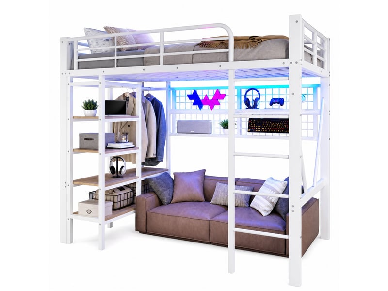  Lit mezzanine 90 x 200 cm avec led, étagères, filet et barre de suspension blanc  - Conforama A