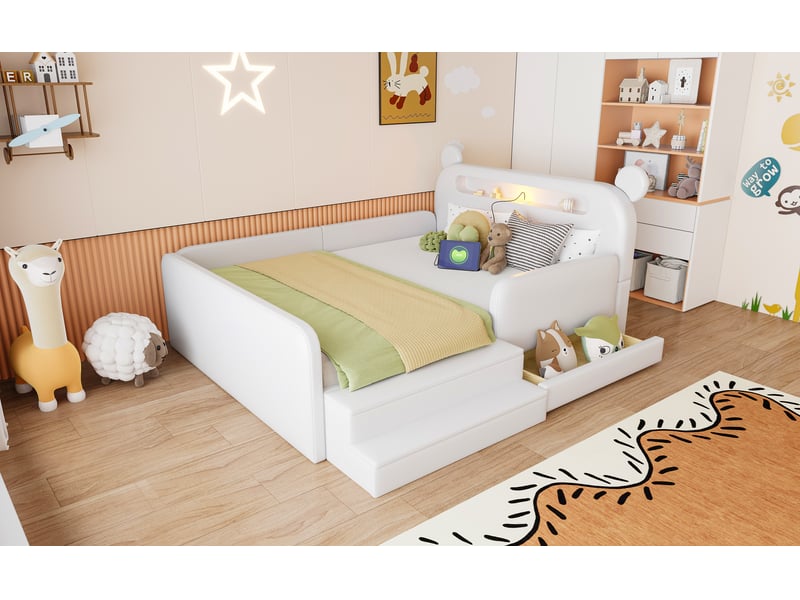 Lit enfant 140x200 cm, tête ours, veilleuse, usb et rangements latéraux, revêtement en simili cuir et métal, blanc - Conforama B