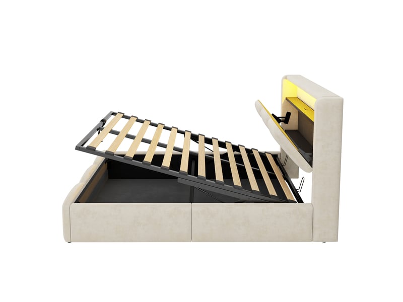  Lit coffre simple 90x200 cm en velours avec usb, type-c, led et rangement dans la tête de lit, sans matelas, beige  - Conforama E