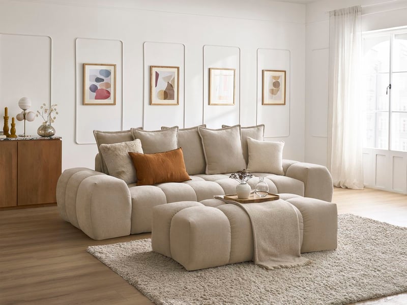  Bobochic canapé droit fixe 3 places everest tissu texturé avec pouf taupe EVEREST - Conforama B