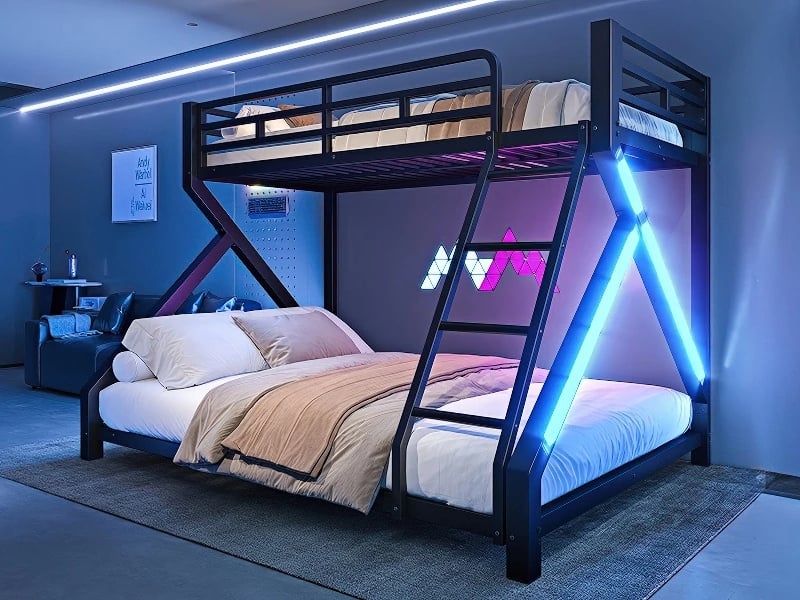 Lit superposé 140 x 200 cm, avec bande lumineuse led, barrières de sécurité, sans matelas, noir - Conforama B