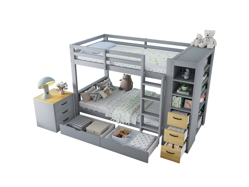 Lit superposé enfant 90 x 200 cm avec rangements, échelle et chevet, gris clair - Conforama A