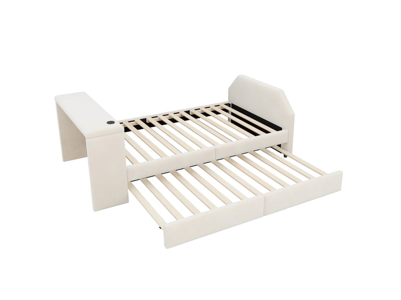  Lit simple enfant 90x200 cm beige tissu effet velours, bureau et lit gigogne avec port usb intégré  - Conforama D