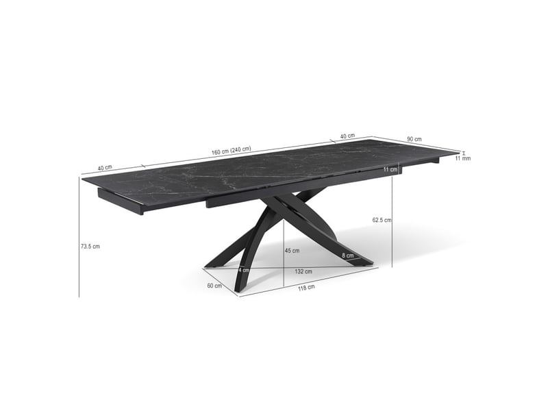 Table extensible 160 à 240 cm céramique noir marbré pied entrecroisé - indiana 11  - Conforama D