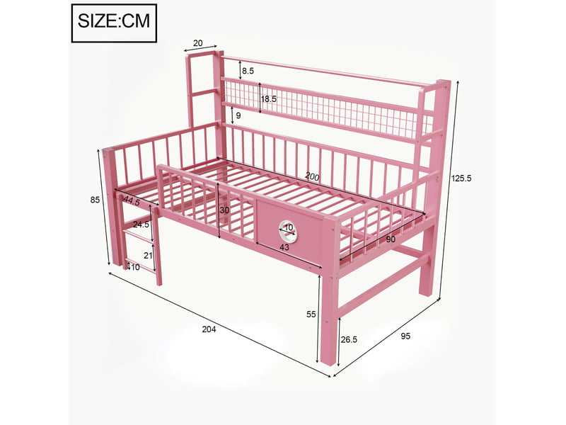  Lit surélevé enfant 90x200 cm avec rangements et penderie rose  - Conforama C