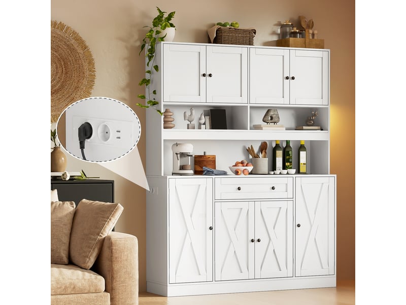  Grand buffet de cuisine - 140 x 40 x 185 cm - blanc cassé - vaisselier style campagne avec prises et tiroir  - Conforama C