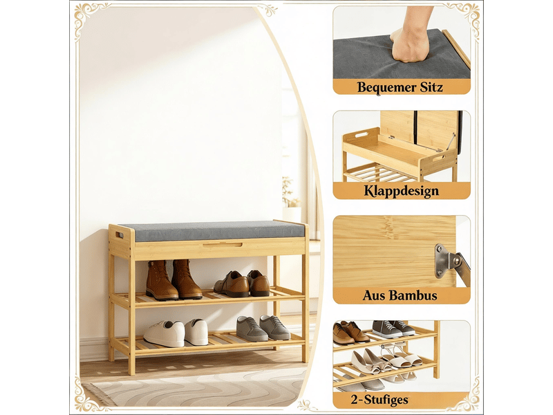  Banc à chaussures,68x30x50 cm,avec assise grise et rangement,bambou  - Conforama E