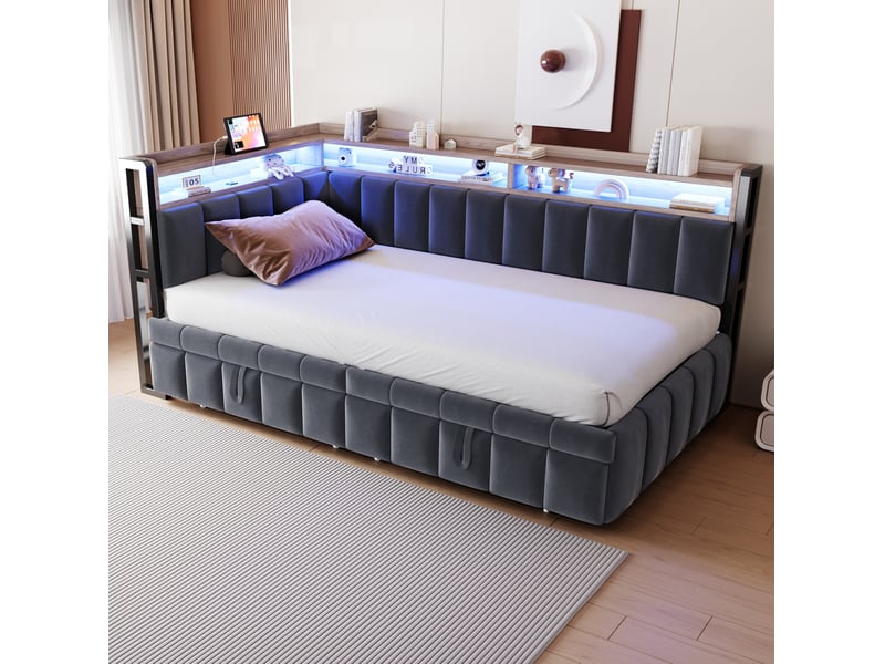  Lit gigogne 90x200 cm, velours gris, équipé de rangements, de led, de usb-c et de port usb, sans matelas  - Conforama E
