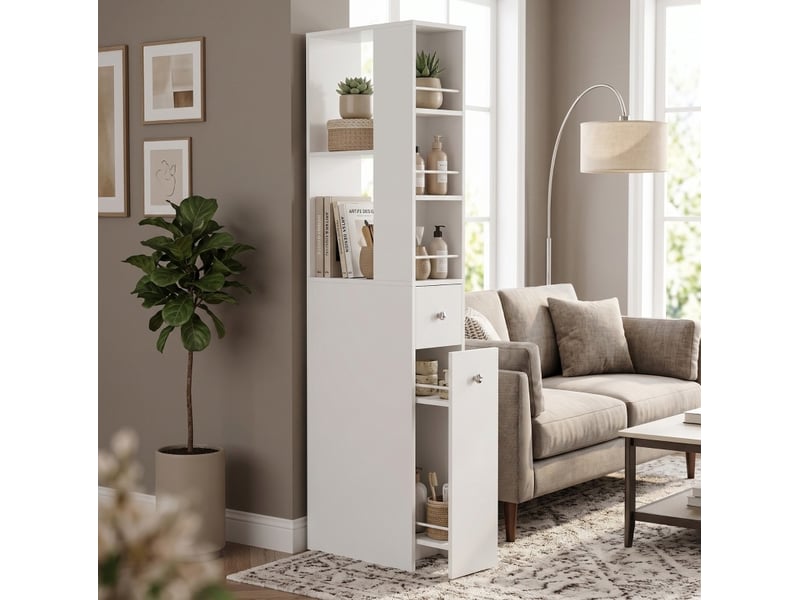  Colonne de salle de bain étroite en mdf peint blanc, 2 tiroirs, 18 x 40 x 135 cm  - Conforama E