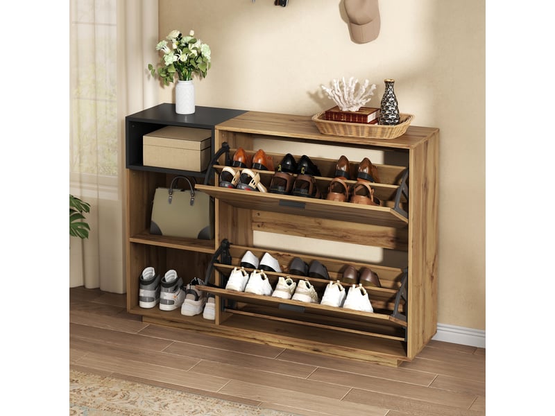  Meuble à chaussures - 120x32x84.5cm - 2 portes abattantes &amp; 3 niches ouvertes, rangement 12 paires en mdf - bois &amp; noir  - Conforama D