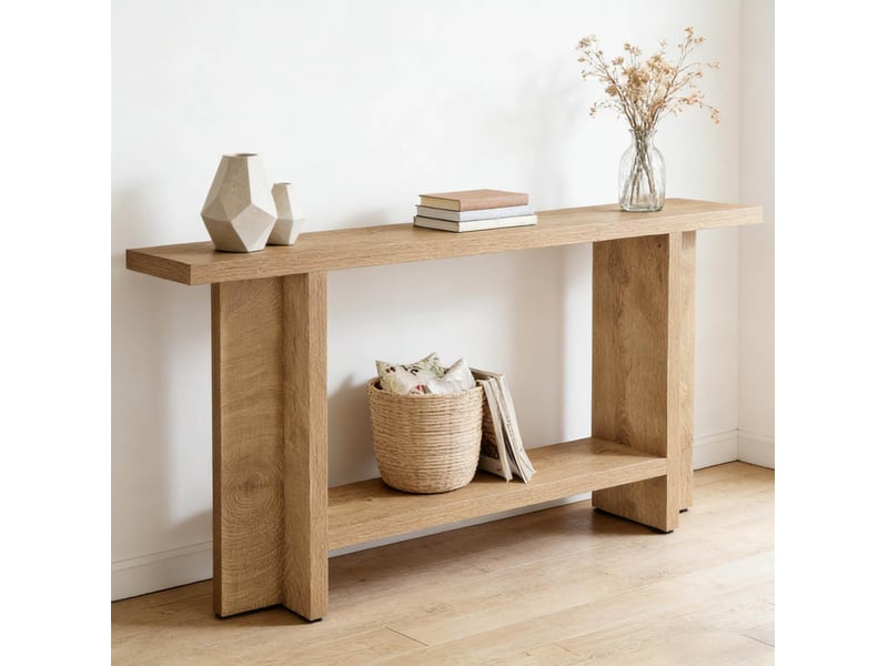  Table console d'entrée 150x30x80 cm marron en mdf à 2 niveaux, rangement ouvert derrière canapé du salon pour la décoration  - Conforama E