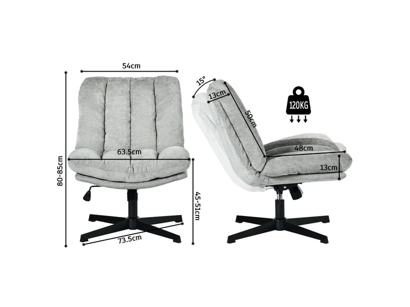  Fauteuil salon pivotant sur 360°, réglable en hauteur, sans accoudoirs, en tissu chenille, gris  - Conforama C