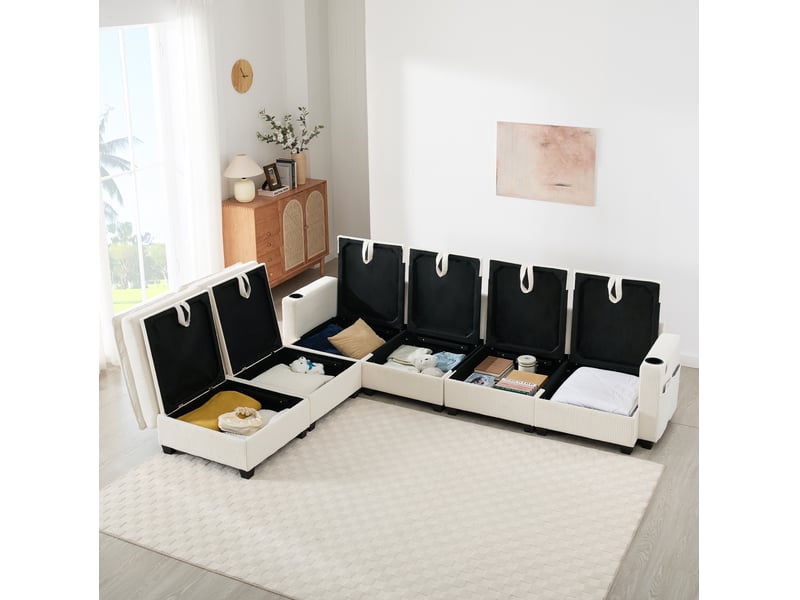 Canapé modulaire 6 places avec rangement, usb et porte-gobelets, poufs amovibles en velours côtelé beige 280 × 152 × 83 cm - Conforama C