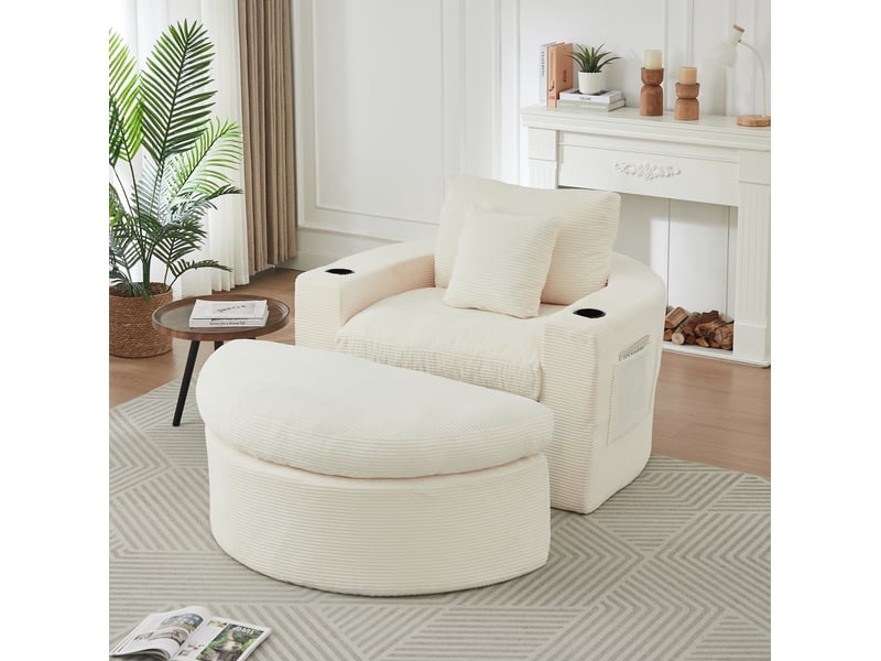 Fauteuil lounge rond 1 place avec repose-pieds et porte-gobelet, velours côtelé beige - Conforama B