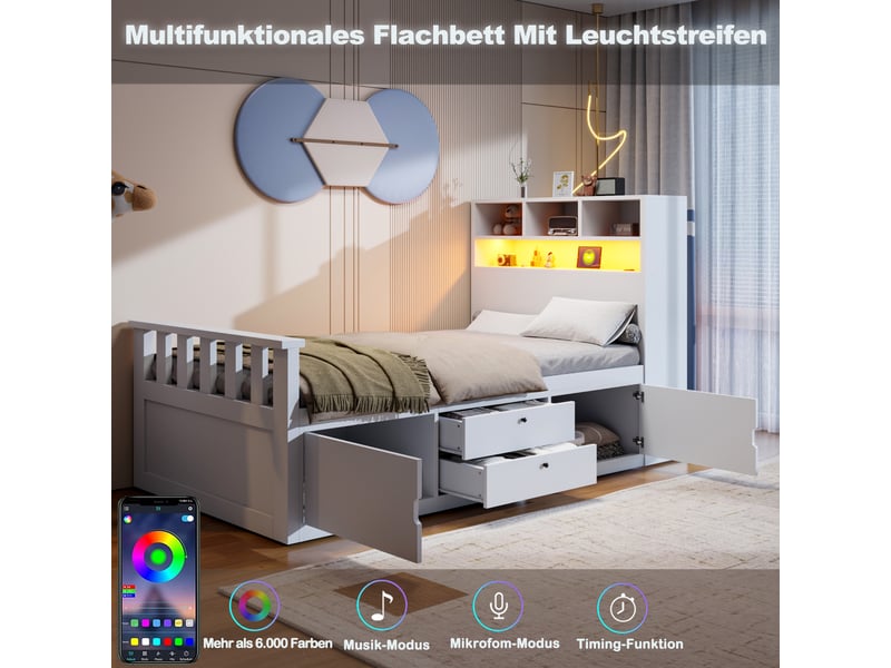 Lit enfant 90x200 cm, lit simple, tiroirs de rangement, rangements intégrés, éclairage led, ports usb, espace inférieur modulable, mdf blanc OPULERANE TRADING LTD - Conforama E