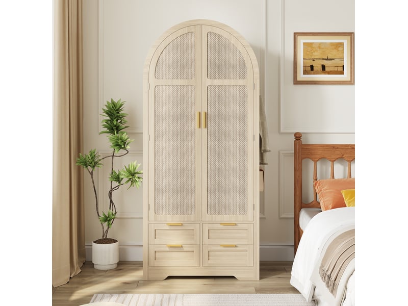  Armoire 80x50x180 cm avec 2 portes incurvées et 4 tiroirs en mdf couleur chêne clair, panneaux de portes en rotin  - Conforama B