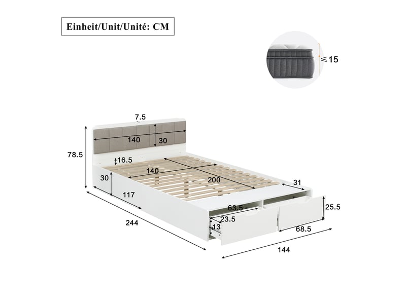  Lit double enfant et adolescent 140x200cm avec tête de lit rembourrée, banquette au pied et 2 tiroirs de rangement, cadre en bois, blanc evarich - Conforama C
