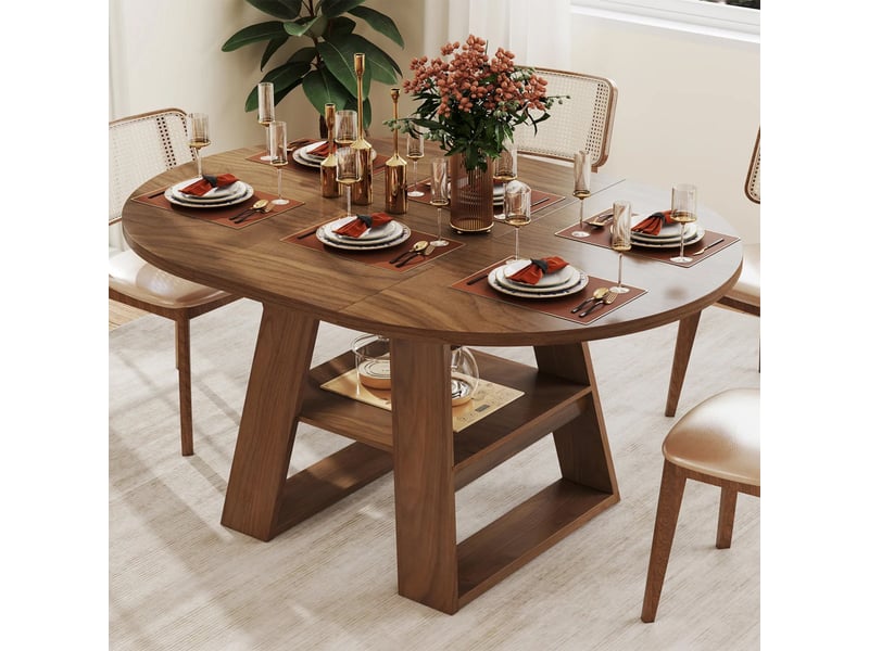  Table à manger extensible ronde 110150 x 100 cm, 4 à 6 personnes, rangements et étagères, effet noyer Bliss Lite - Conforama E
