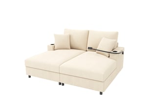 Canapé droit convertible 2 places en velours côtelé beige, avec usb, usb-c, porte-téléphone et 2 porte-gobelets