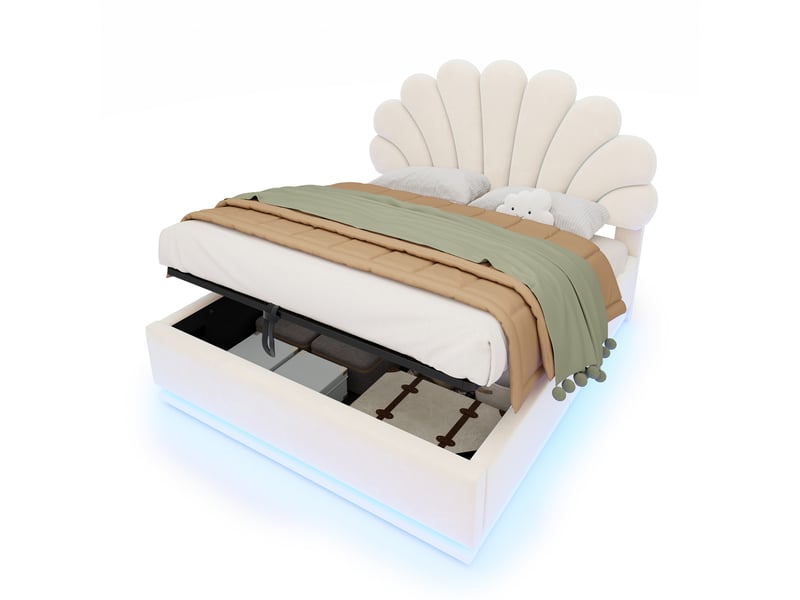  Lit coffre rembourré 140x200 cm avec tête de lit en forme de fleur, rangement hydraulique, éclairage led, cadre en métal, velours,  beige  - Conforama A