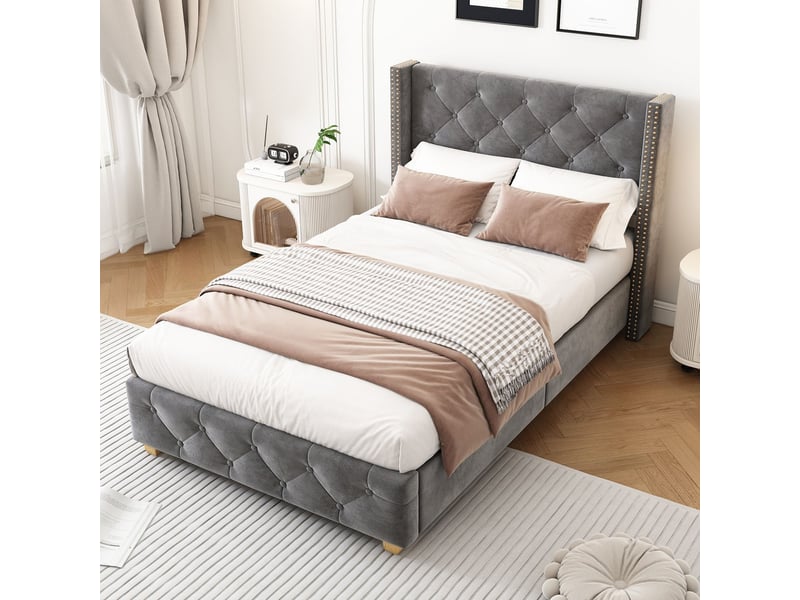  Lit simple 90 x 200 cm cadre de lit tête de lit capitonnage à boutons capitonnage à rivets pieds en bois velours gris  - Conforama A