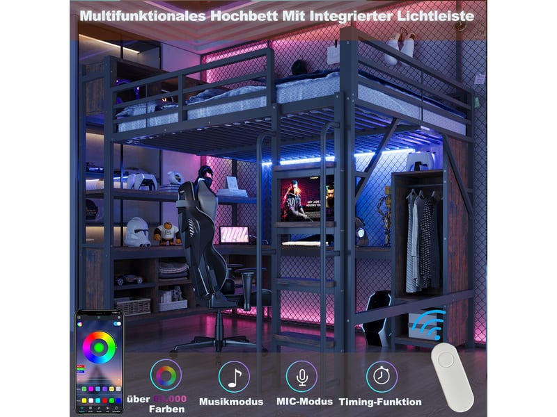  Lit mezzanine gaming 140x200 cm avec bureau intégré, armoire et étagères, prises européennes, led d'ambiance, garde-corps haut, métal noir Radiant Stride - Conforama E